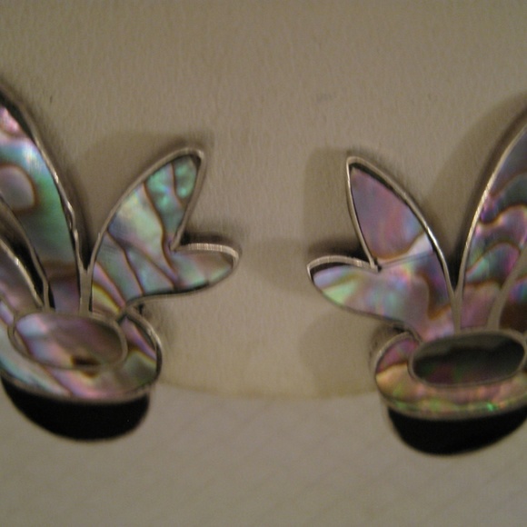 925 STERLING Abalone Mexican Earrings 1980s New - Picture 5 of 8